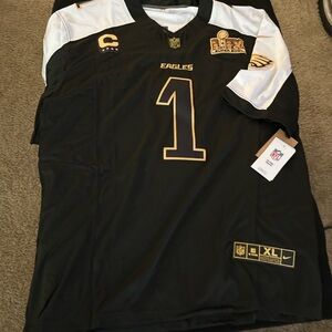 Nike Black and White Jalen Hurts Super Bowl Eagles Jersey with Gold Accents